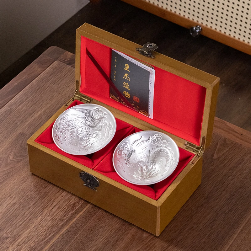 周鸿杰手工鎏银龙凤呈祥青花斗笠对杯礼盒装家用陶瓷主人杯盏E320