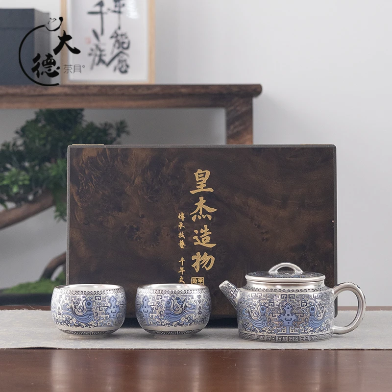 高档鎏银天命玄鸟汉瓦壶一壶两杯礼盒装复古精美功夫茶具送礼E678