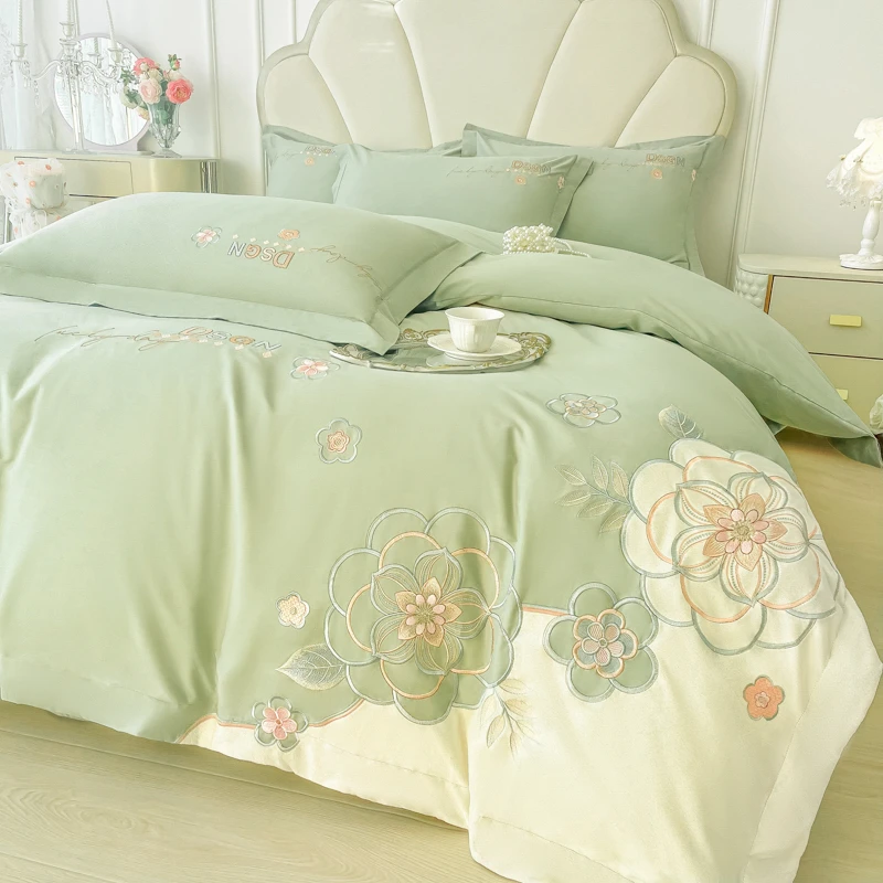高级感新款轻奢风180支全棉刺绣四件套纯棉少女心被套床单床用品4