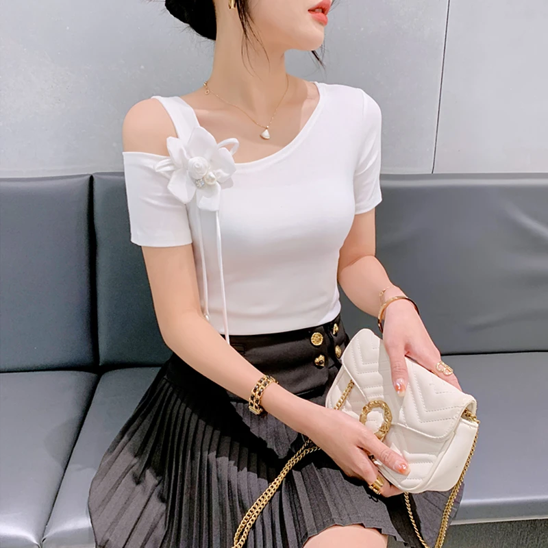 性感露肩T恤女短袖2024夏季新款洋气设计感上衣紧身百搭小衫半袖