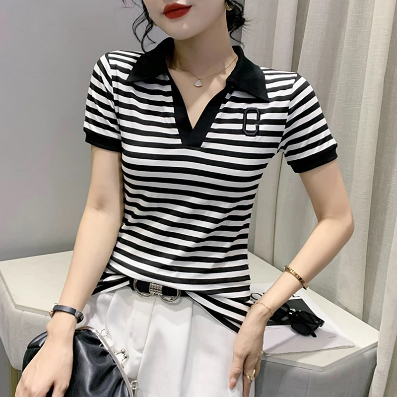 POLO领T恤女短袖2024夏装新款撞色条纹上衣洋气百搭显瘦半袖小衫