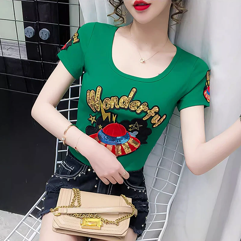 时尚亮片T恤女ins潮夏装设计感洋气上衣显瘦半袖丅恤出游情侣短袖