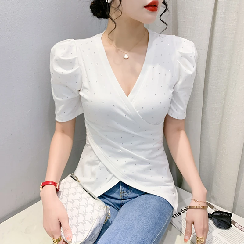 设计感网红T恤女短袖夏季性感交叉V领上衣收腰显瘦小衫不规则丅恤