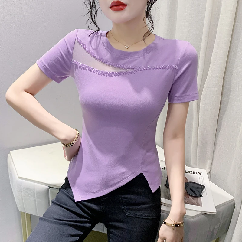 性感网纱镂空短袖T恤女夏季时尚钉珠上衣洋气显瘦不规则半袖小衫