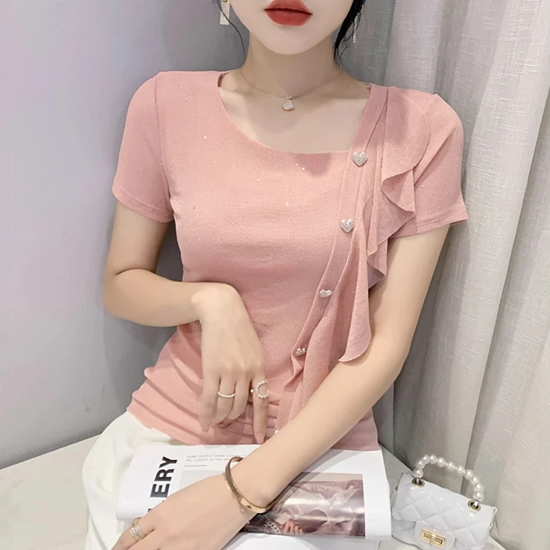 性感网纱T恤女短袖夏季小众设计感气质荷叶边小衫洋气半袖上衣潮