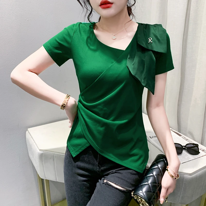 设计感不规则上衣女短袖欧货下摆开叉T恤收腰显瘦小衫性感V领半袖
