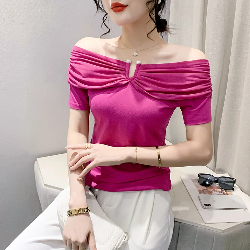 时尚一字肩短袖T恤女夏季小众设计感洋气上衣显瘦百搭半袖小衫潮