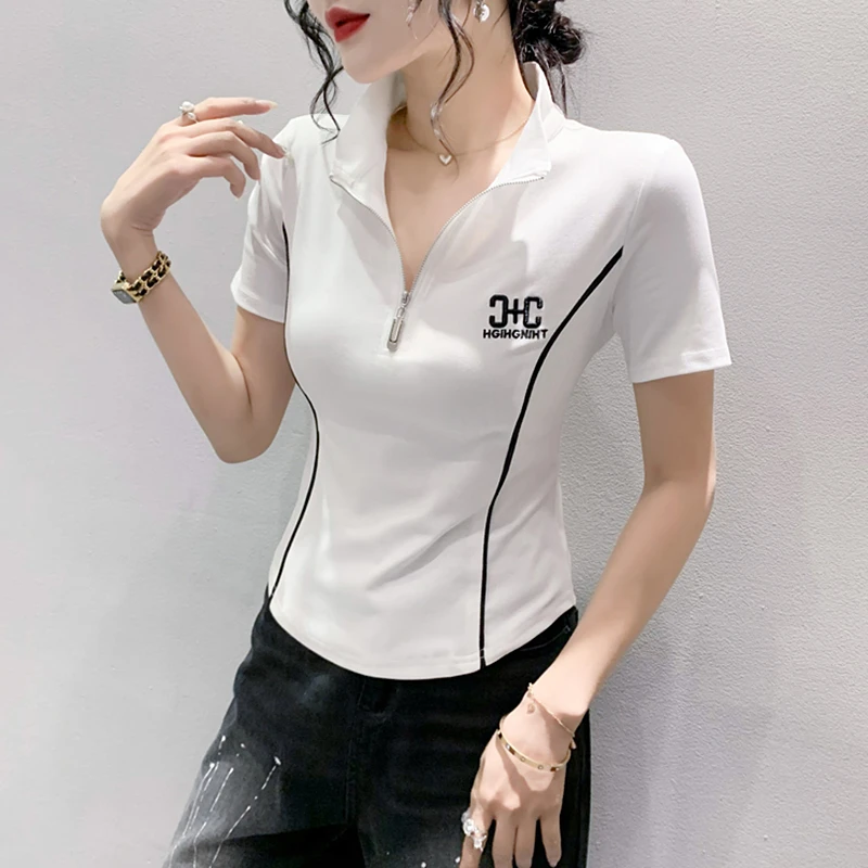 网红拉链翻领T恤短袖夏季设计感洋气上衣修身气质小衫减龄妈妈装