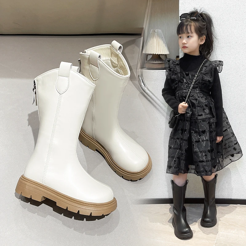女童马丁靴2025年新款秋冬季加绒儿童时尚高筒秋季小女孩白色长靴
