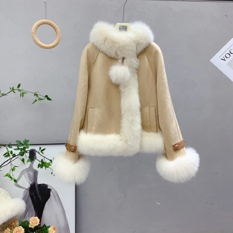 2024秋冬新款鹅绒服女斗篷款狐狸毛毛领外套大衣羽绒服