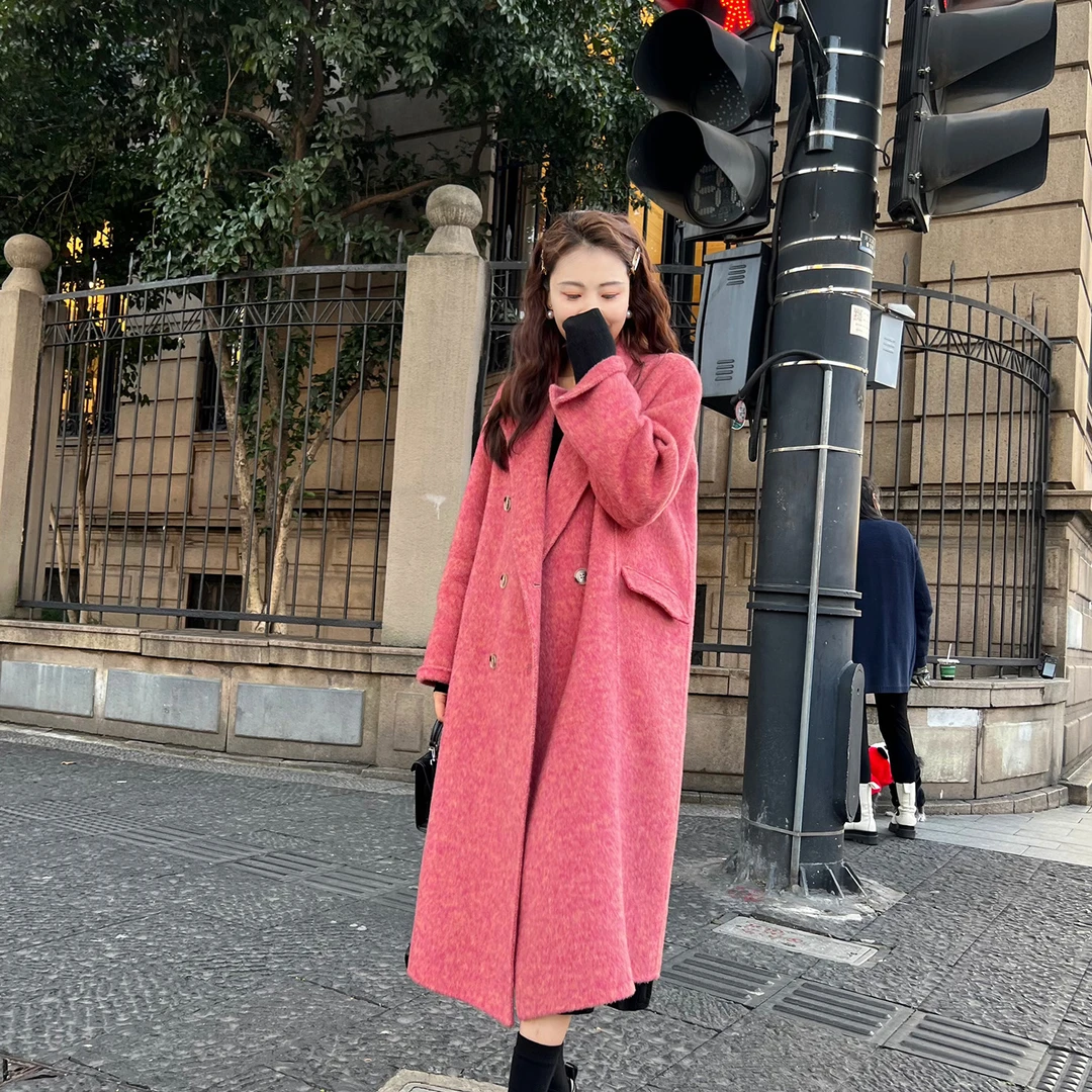 【周大星2】石榴红兔毛桑蚕丝羊毛大衣遮肉显瘦设计师大衣2-A71