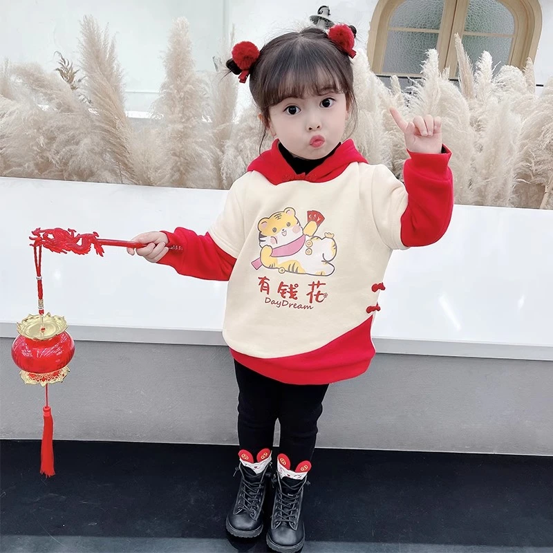 93796女童加绒卫衣秋冬季韩版儿童洋气连帽上衣女宝宝冬装