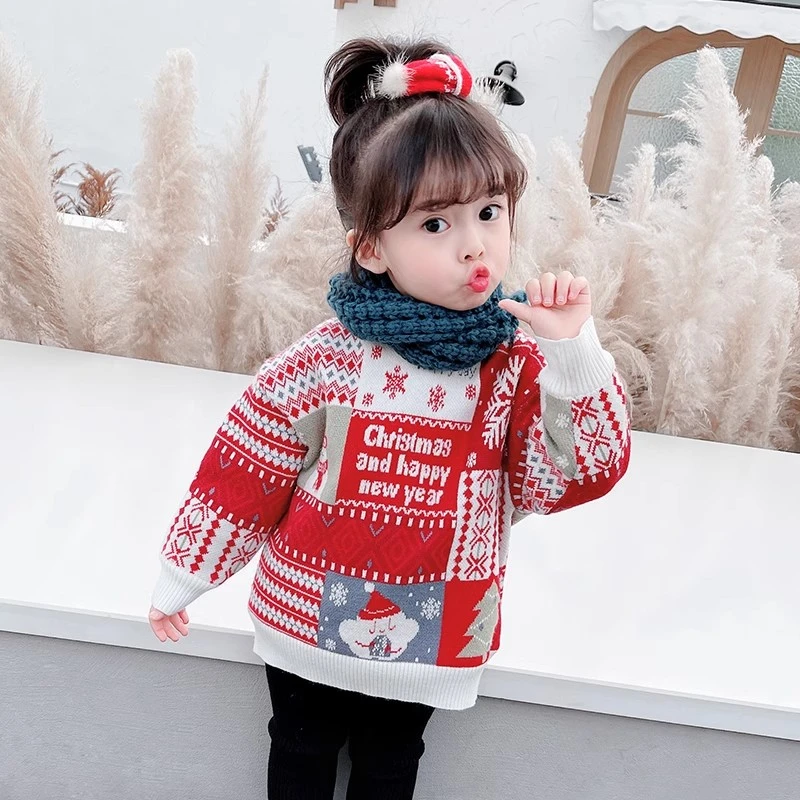 93798女宝宝圣诞毛衣秋冬儿童装洋气加绒女童加厚打底针织衫
