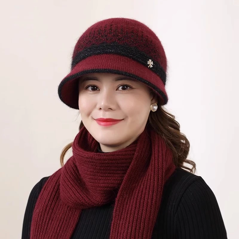 秋冬天中老年人帽子女保暖兔毛线帽妈妈针织帽加绒加厚老太太盆帽