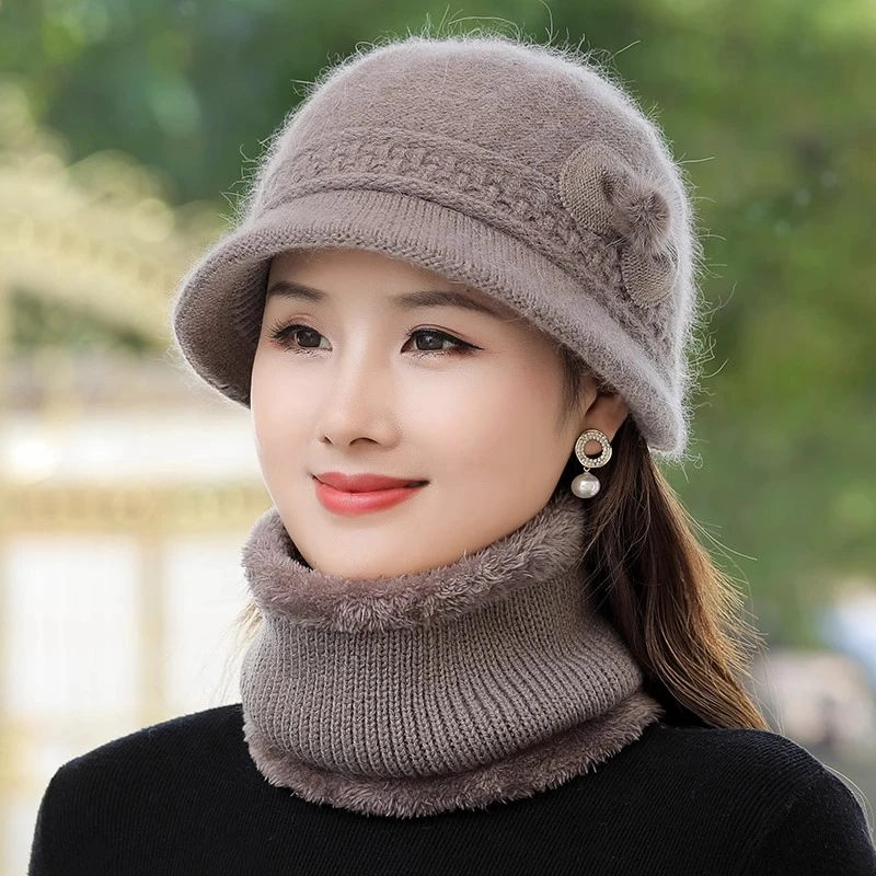 中老年人妈妈帽子冬季女士时尚款老太太的洋气毛线帽围脖奶奶冬天