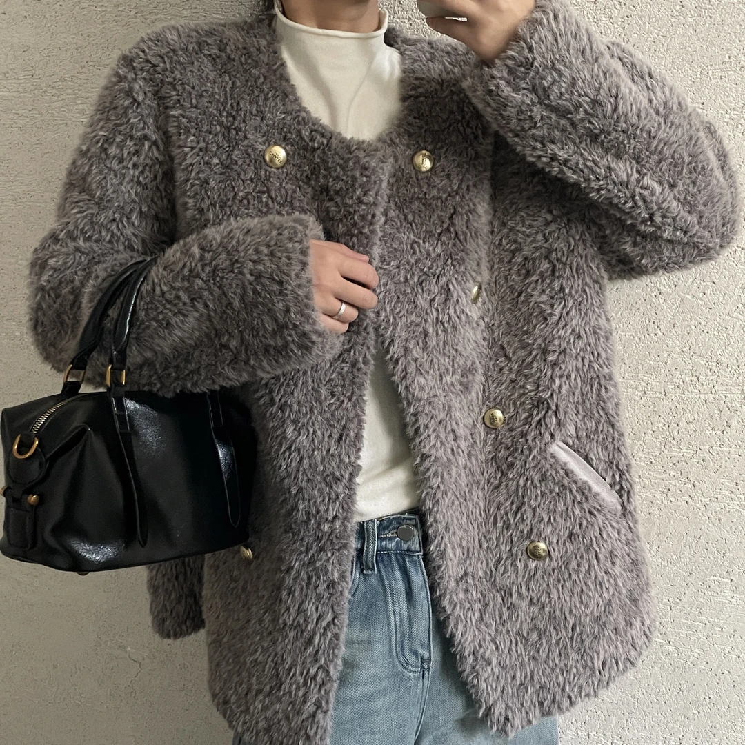 【 雨•美 推荐 】A930灰色百搭韩版加厚金扣毛毛外套