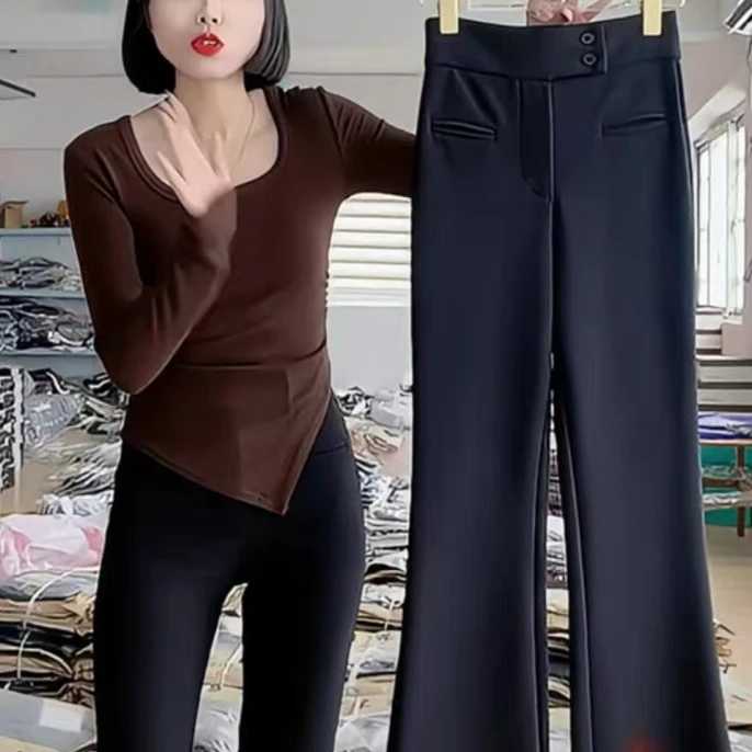 【 雨•美 推荐 】25659黑色高腰百搭显瘦微喇裤