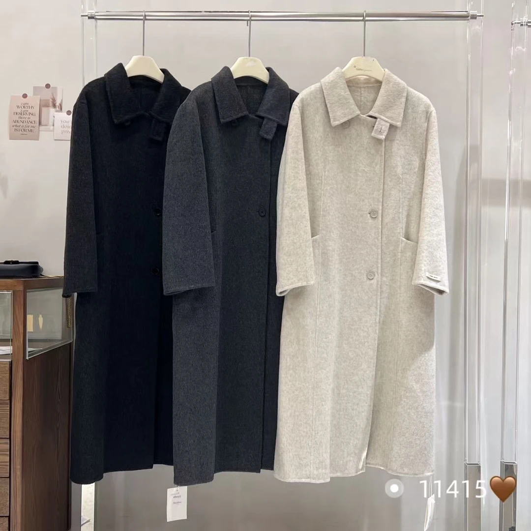 【 雨•美 推荐 】915-1黑色韩版气质百搭长款斜口袋大衣