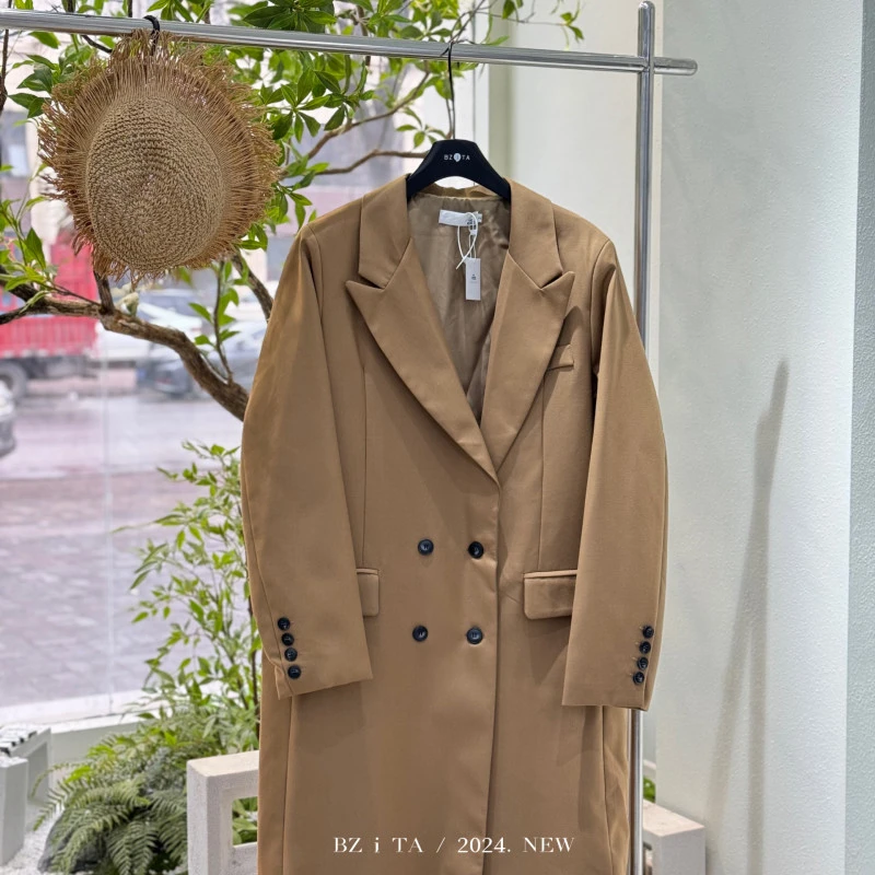 【 雨•美 推荐 】180299土黄色韩版气质百搭西装领腰带风衣外套