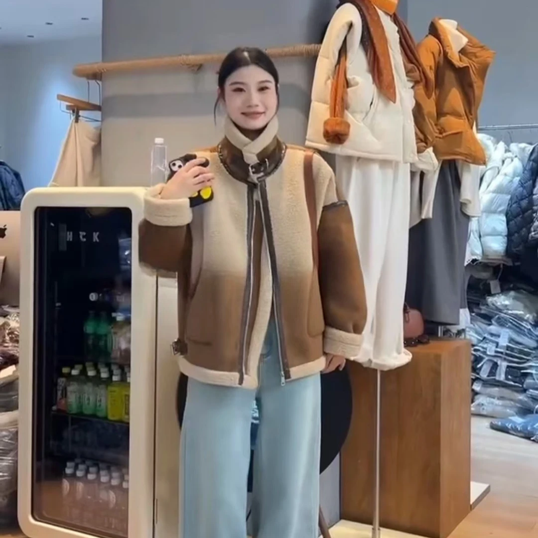 【 雨•美 推荐 】77826咖色美式机车服拼接外套