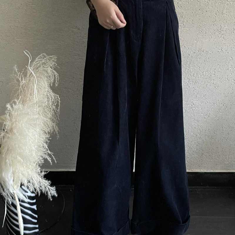 【 雨•美 推荐 】33037蓝色灯芯绒高腰宽边阔腿裤