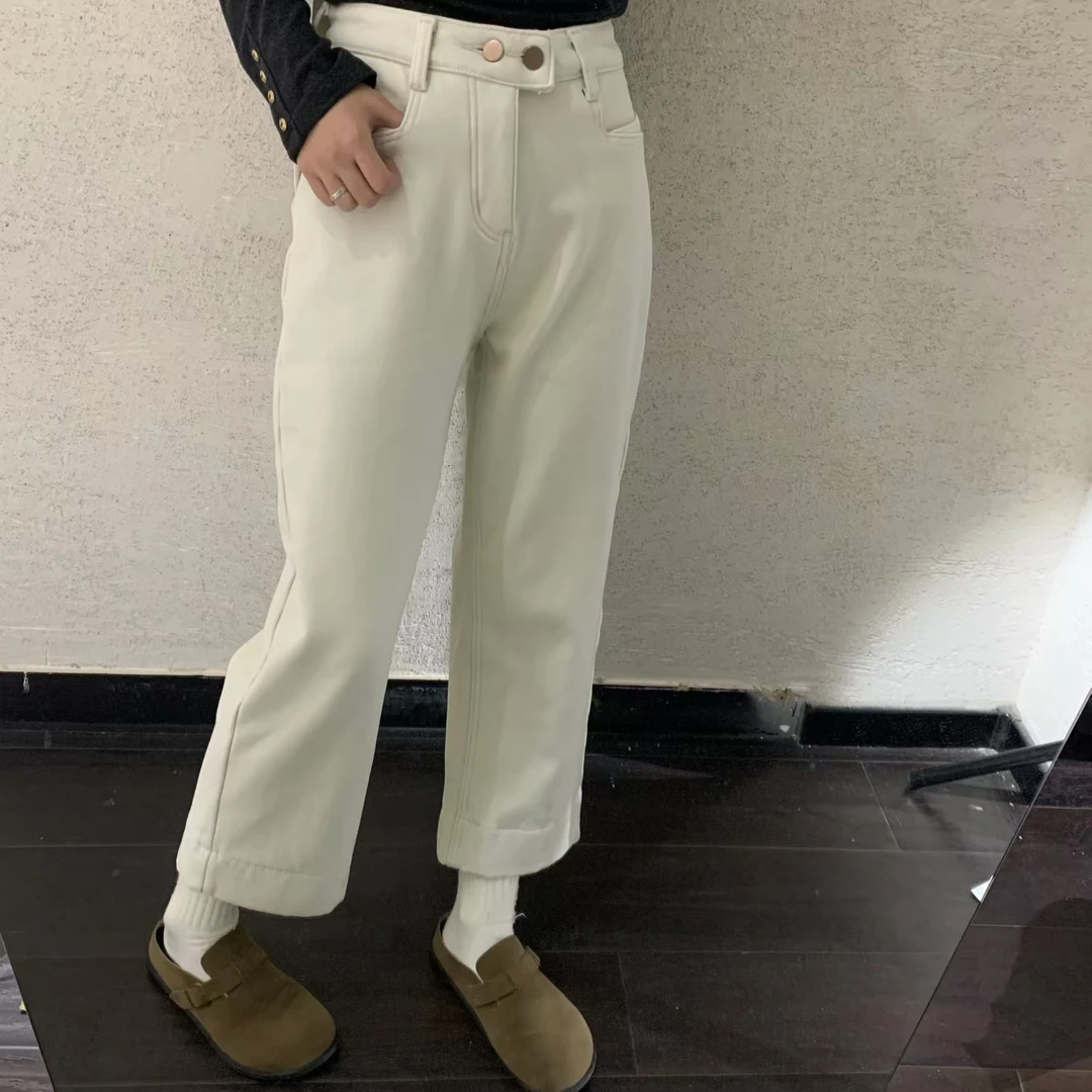 【 雨•美 推荐 】5139-2米杏色加绒高腰显瘦宽边九分裤