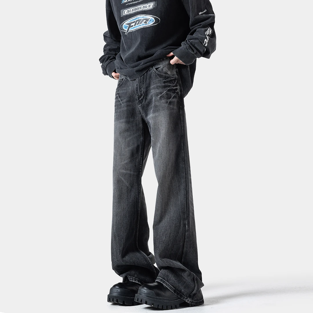 jaaniste男款美式闪电纹微喇牛仔裤男百搭复古水洗潮流休闲长裤