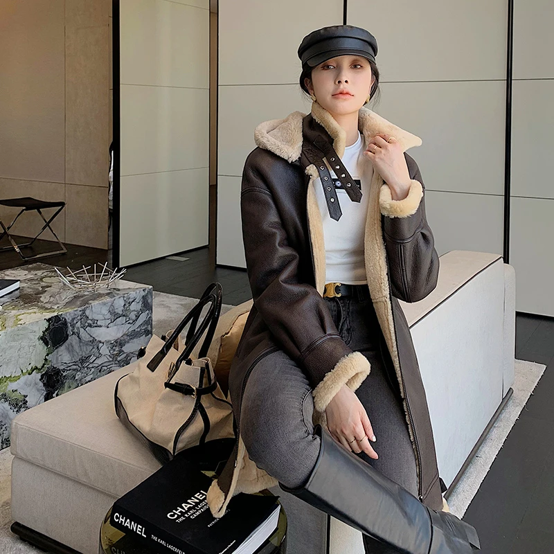 真皮女外套中长款宽松连帽时尚羊羔毛皮毛一体2024冬季新款皮草冬