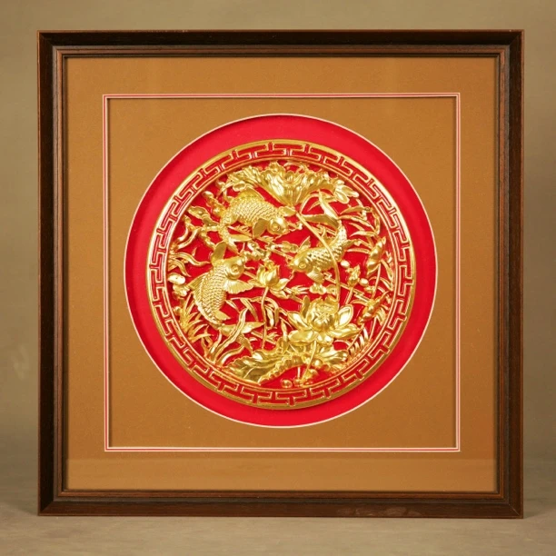 贴金潮州木雕,年年有余43×43cm