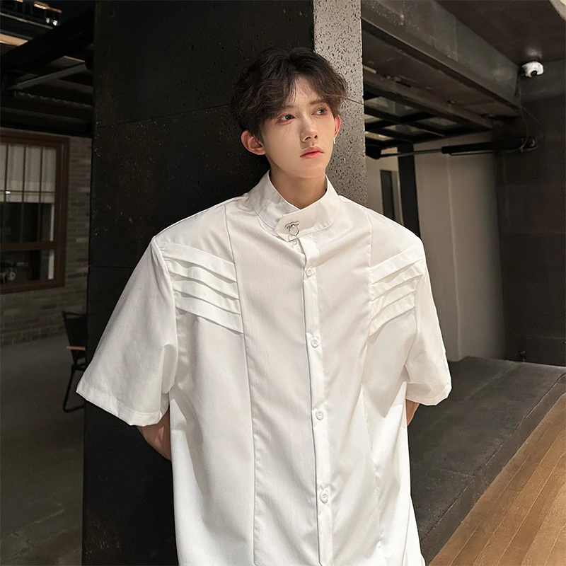 解构褶皱垫肩短袖衬衫男夏季美式cleanfit潮牌高级痞帅五分袖衬衣