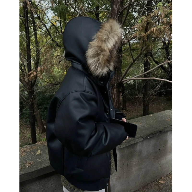 大毛领pu皮棉衣棉服外套男冬季美式高街潮牌高级感可拆卸连帽棉袄