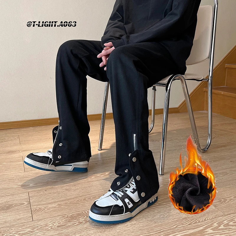 纯黑色拉链排扣水洗牛仔裤男士秋冬美式潮牌vibe直筒加绒加厚裤子