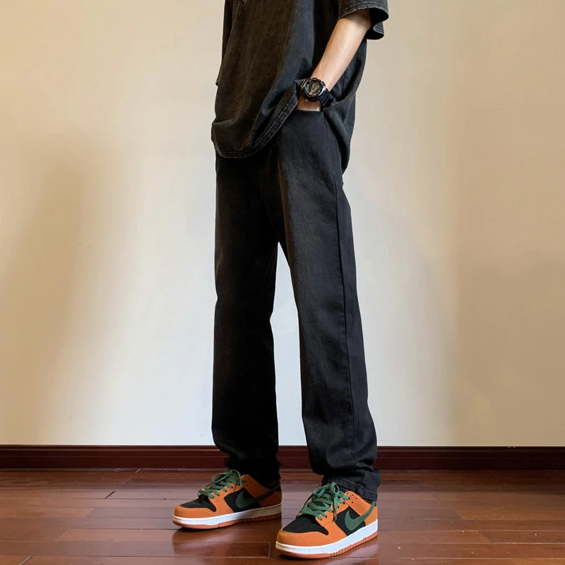美式复古牛仔裤男秋冬加绒加厚水洗修身直筒裤子潮牌痞帅休闲长裤