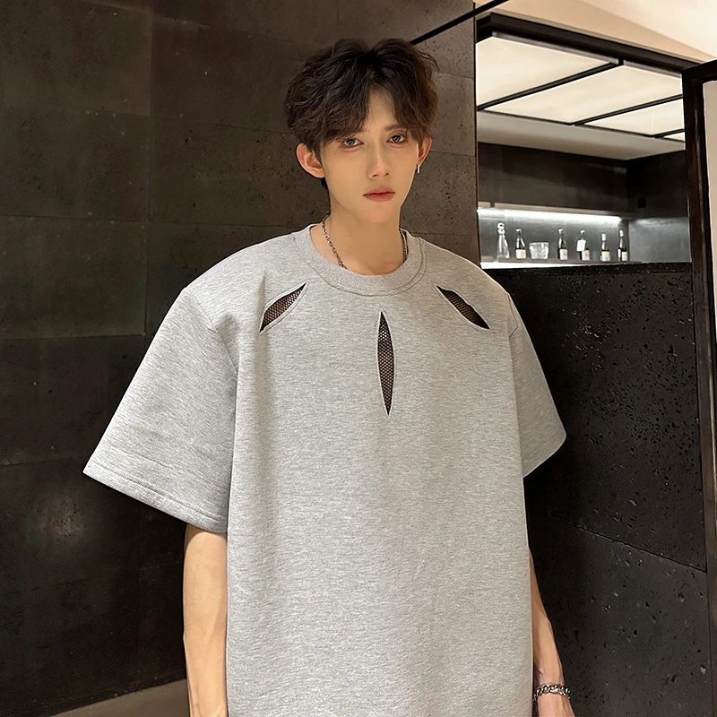 网纱镂空垫肩短袖t恤男款夏季美式高街潮牌痞帅重磅宽松五分半袖