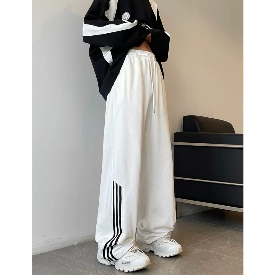 三条杠垂感白色运动卫裤男春秋美式复古潮牌宽松直筒阔腿休闲裤子