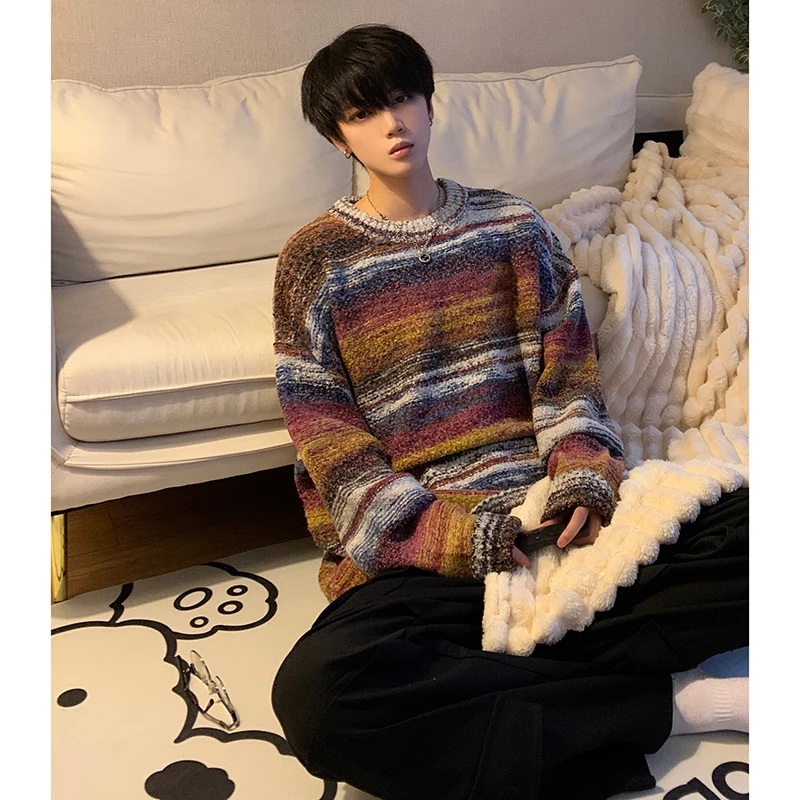 费尔岛彩虹条纹毛衣针织衫男秋冬日系复古潮牌慵懒风chic线衣外套