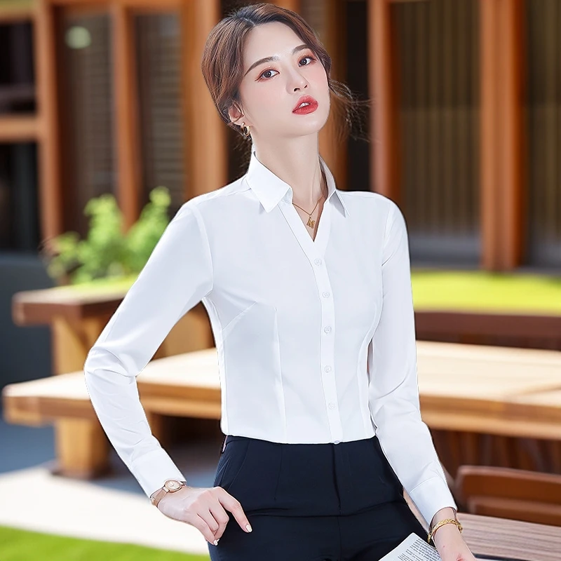 2192-长袖职业衬衫V领衬衣白衬衫女工装上衣免烫工作服正装气质女