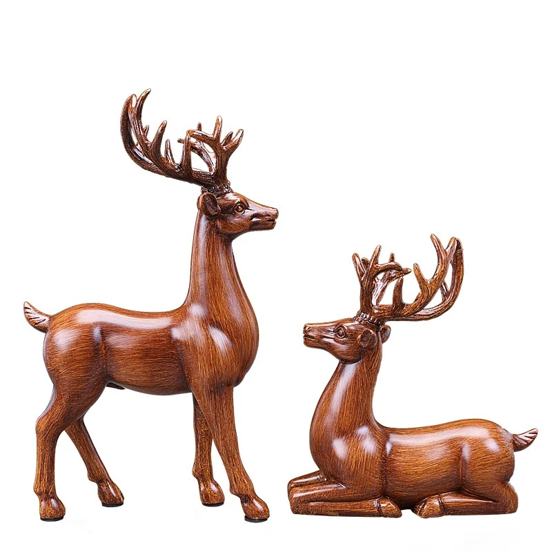 中式梅花鹿摆件木雕一对大气新居礼物客厅创意家居物件电视柜摆设