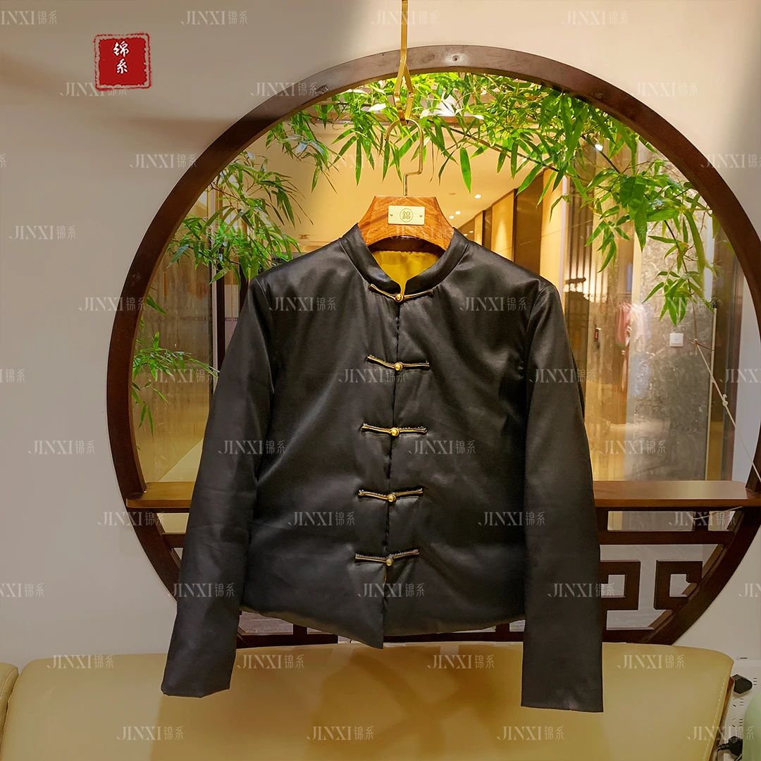 【锦系】E-31220真丝弹力缎香云纱新中式国风桑蚕丝立领鹅绒服