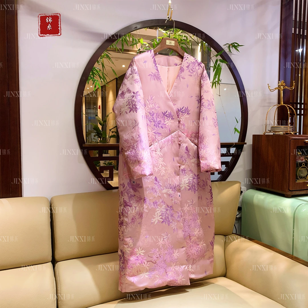 【锦·系】L-31455真丝新中式国风桑蚕丝长款连衣裙鹅绒服
