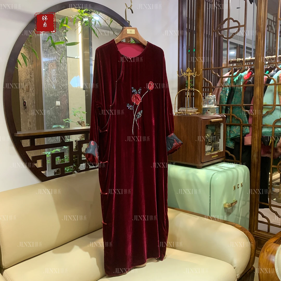 【锦·系】L-33012轻奢手钻玫瑰花新中式国风桑蚕丝长袖连衣裙