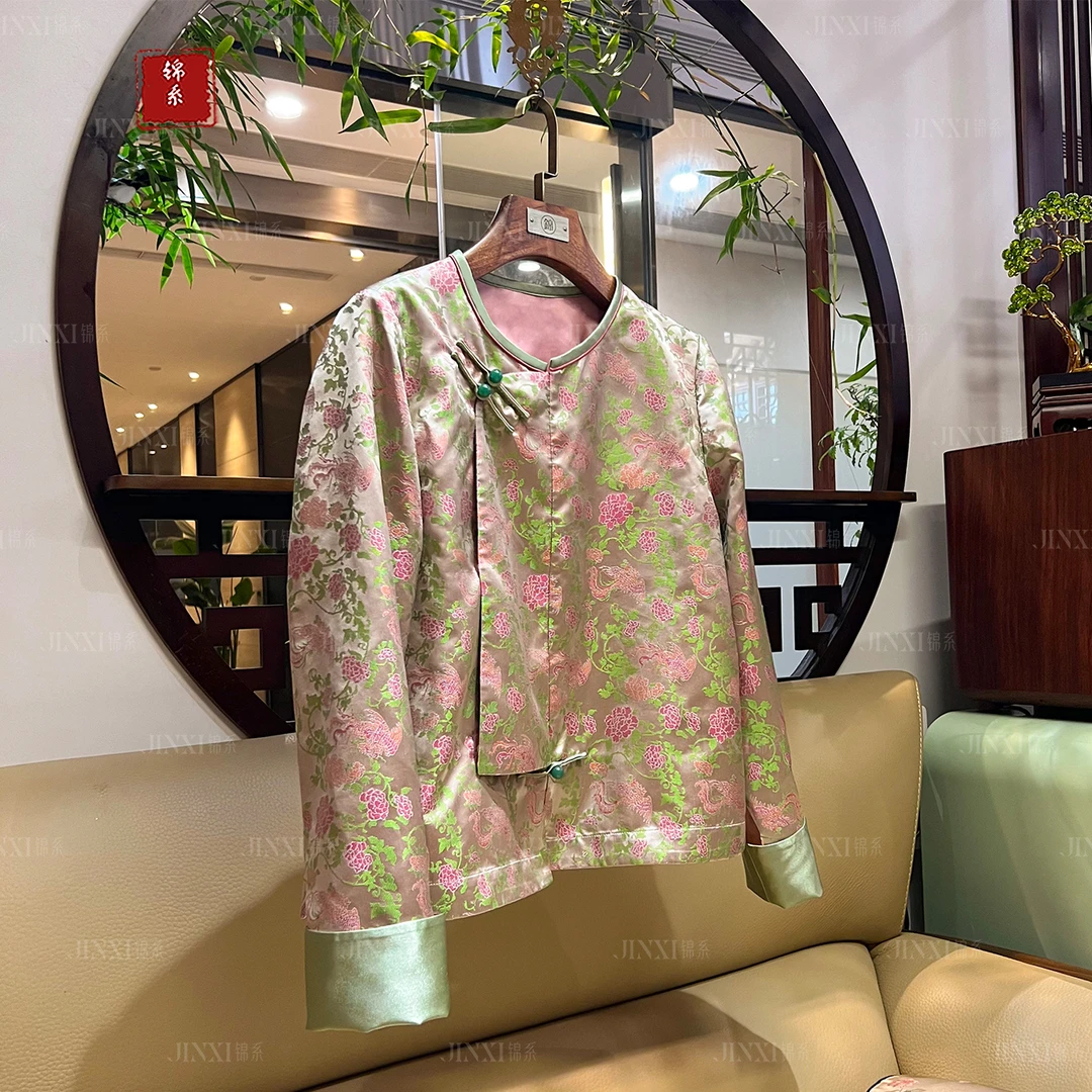 【锦·系】E-31675宋锦新中式国风桑蚕丝撞色圆领斜襟长袖上衣