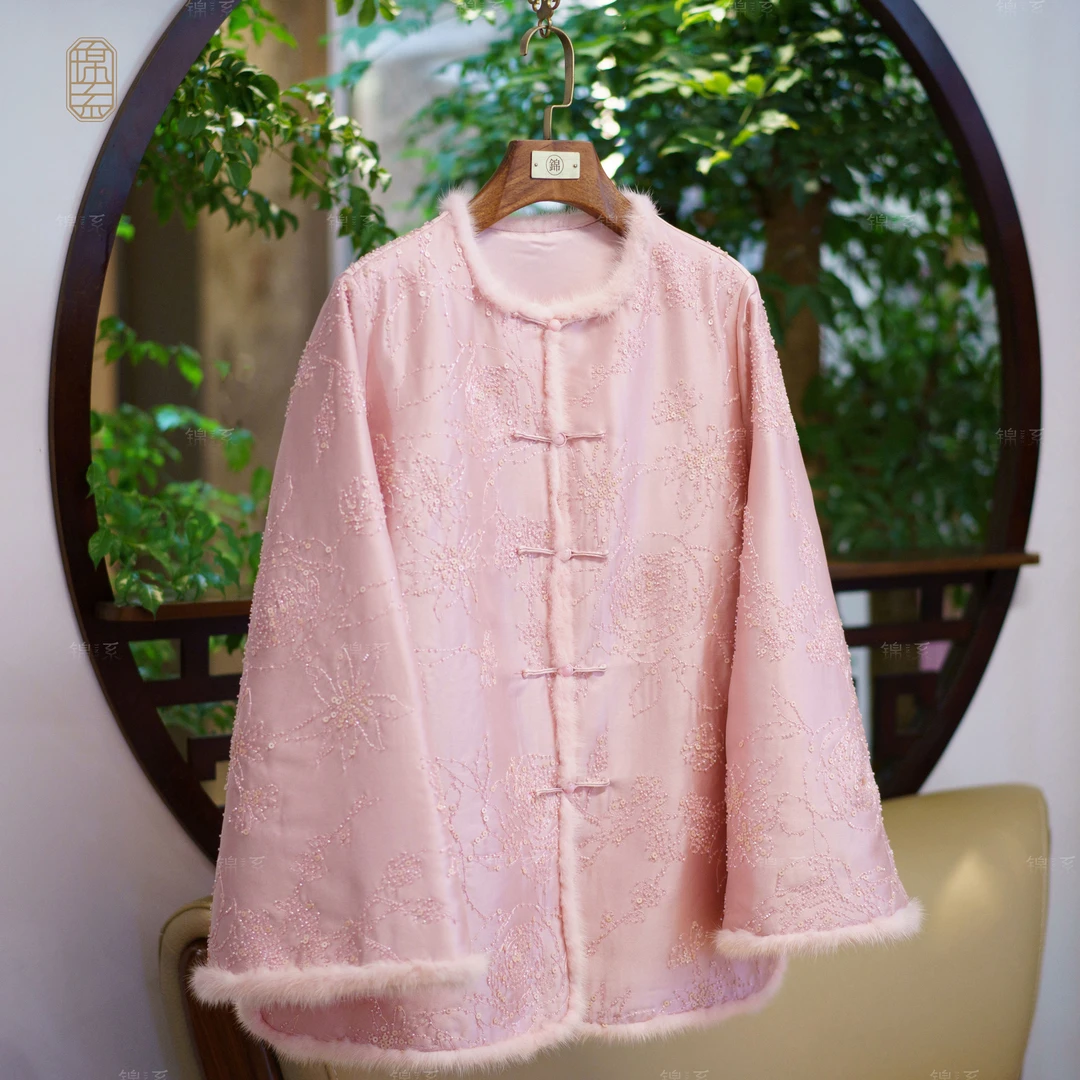 【锦系】丝涤拼皮毛一体水貂毛边新中式桑蚕丝加棉外套E-382102