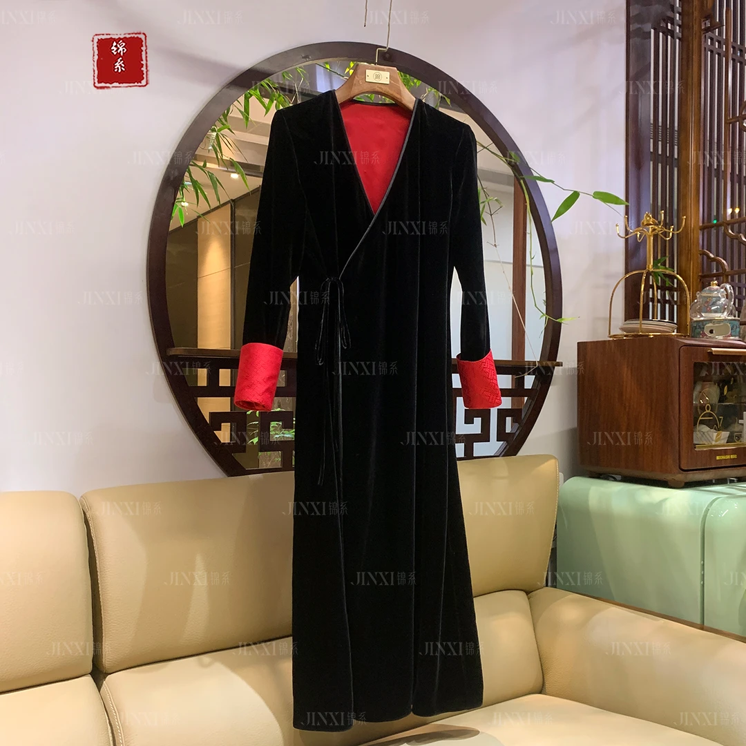 【锦·系】L-31609真丝丝绒新中式国风桑蚕丝撞色V领斜连衣裙