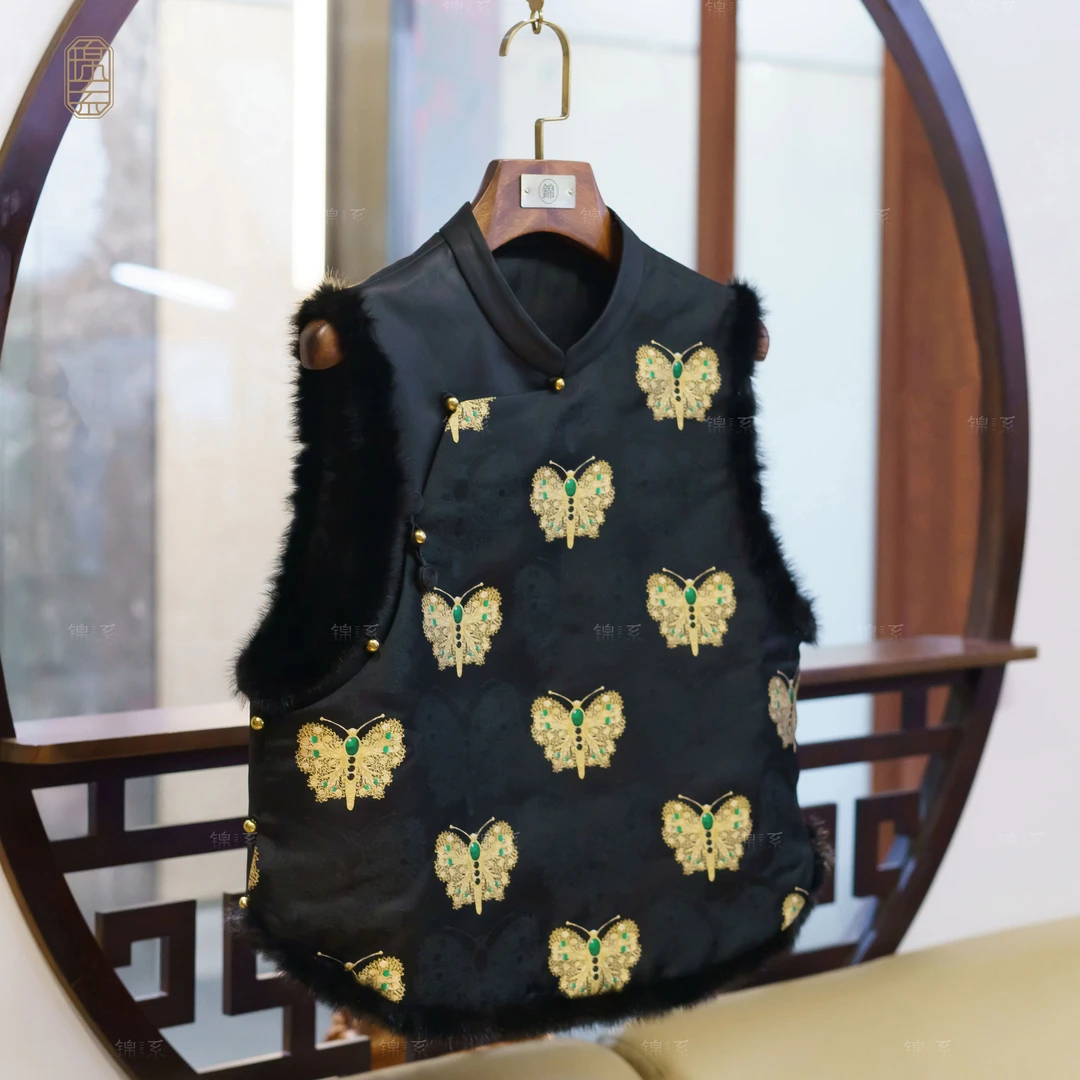 【锦系】上久楷宋锦拼磨砂皮新中式国风桑蚕丝加棉马甲背心E-382278