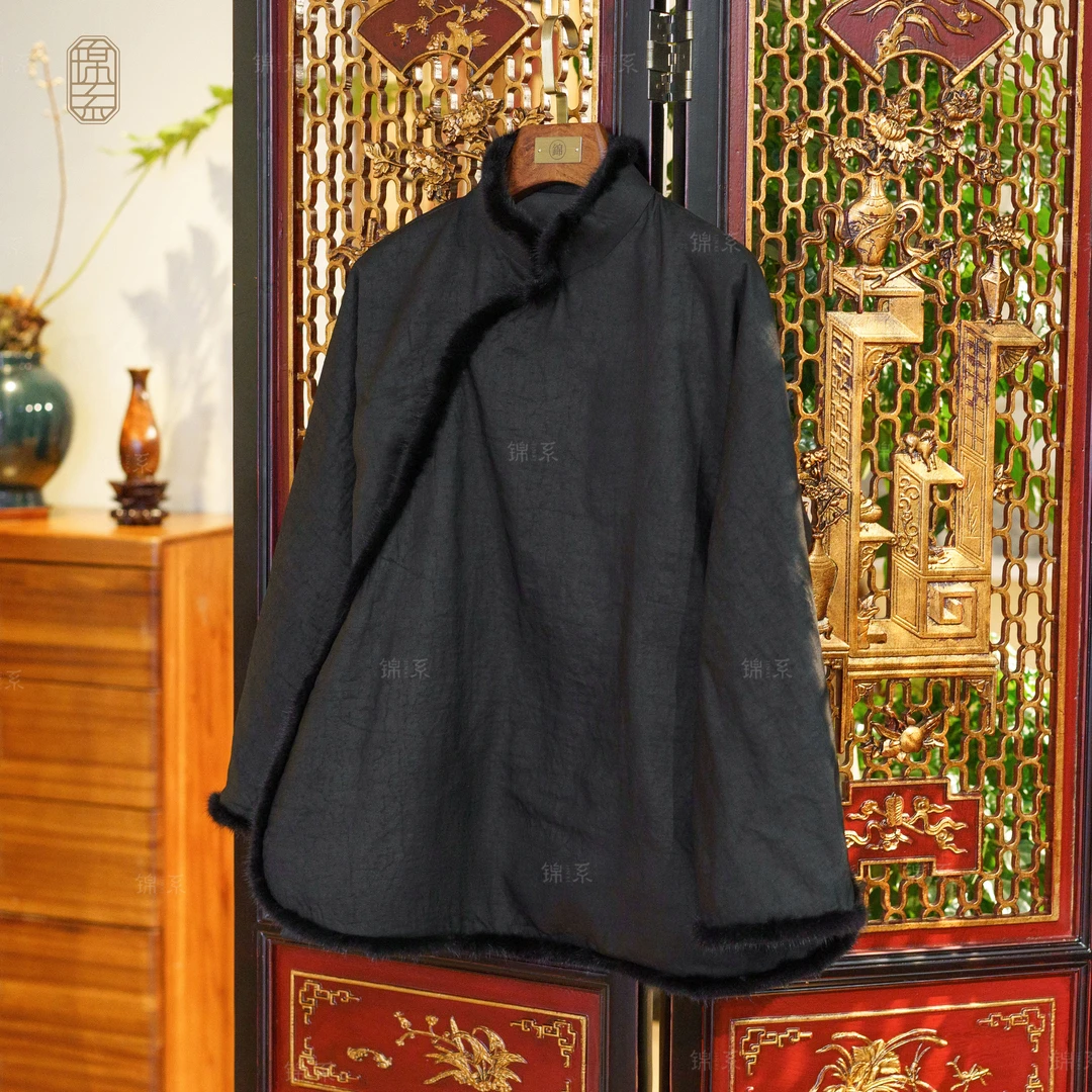 【锦·系】龟纹香云纱拼水貂毛边中式加棉外套E-36971-XYS6113914