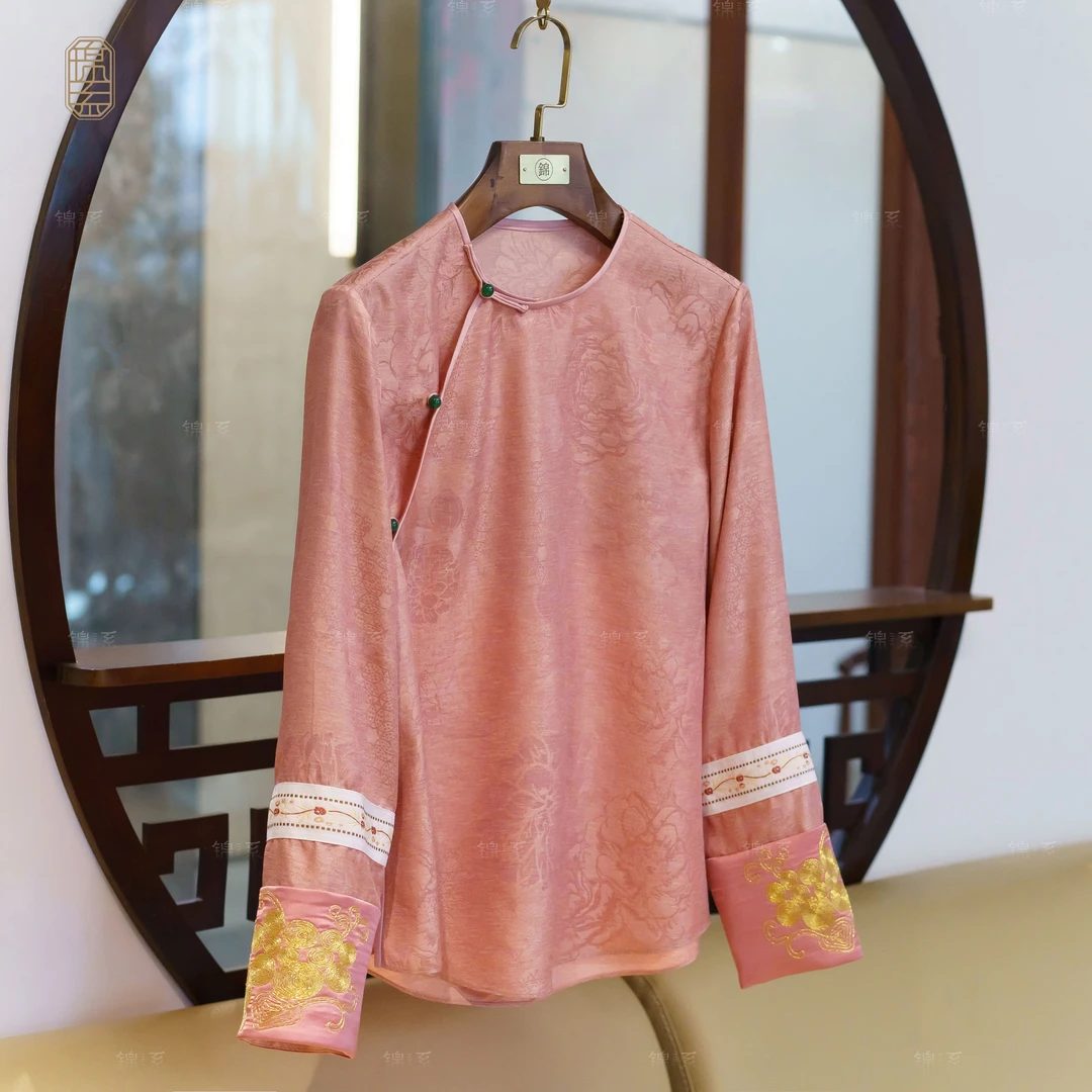 【锦系】真丝新中式国风桑蚕丝袖口撞色圆领斜襟长袖上衣C-382303