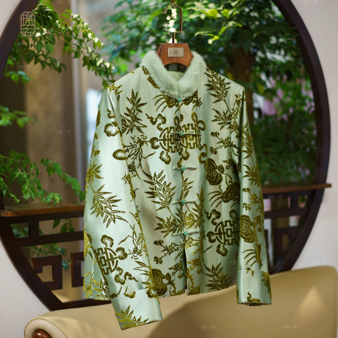 【新款】漳绒拼皮毛一体水貂领新中式桑蚕丝加棉长袖外套E-31293