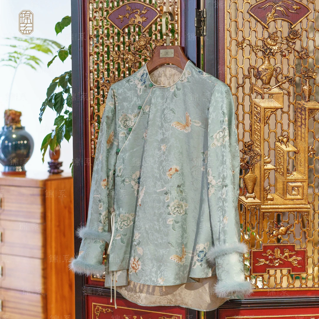 【锦系】真丝新中式国风桑蚕丝圆领斜襟长袖上衣C-36899-S3149961