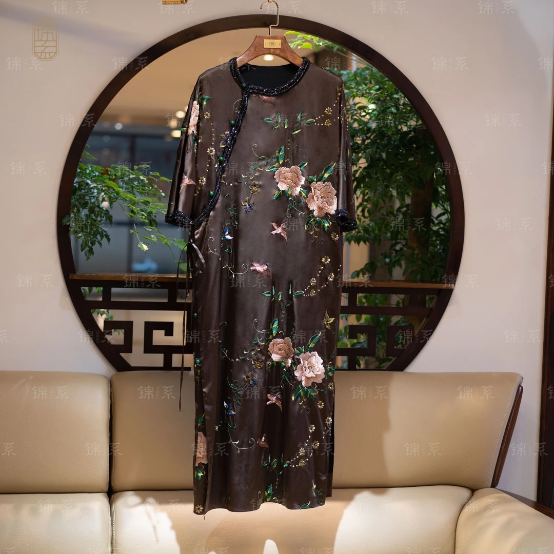 【锦系】真丝弹力缎新中式桑蚕丝七分袖连衣裙L-36583-S3149961